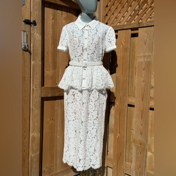 🆕 SELF-PORTRAIT 🧿 NWOT White Lace Peplum Belted Midi Dress, Sz UK 10 US 6 - Picture 11 of 16